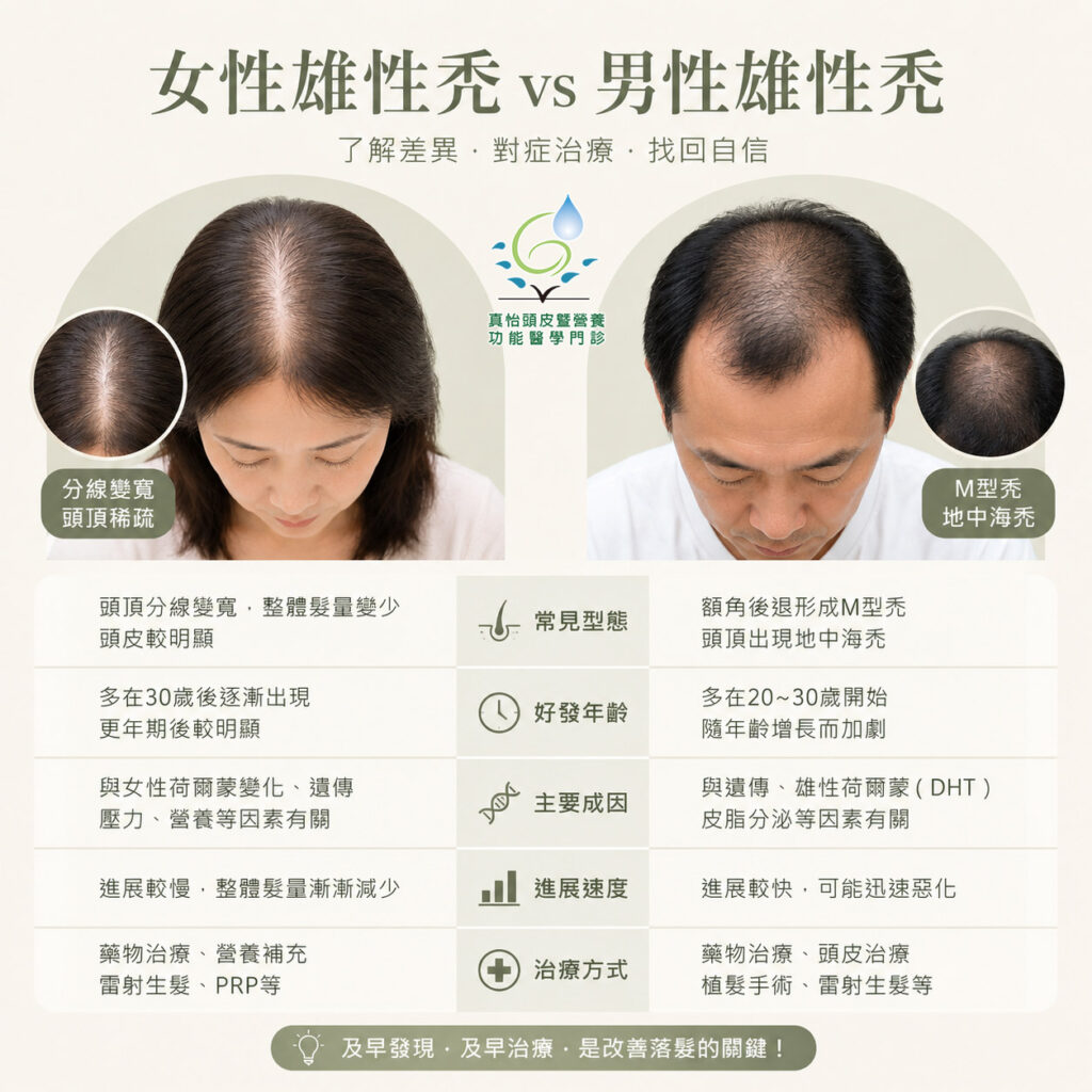 性雄性禿-vs-男性雄性禿:左側男性頭部呈現M型禿與地中海禿,右側女性頭部呈現分線變寬與頭頂稀疏 頭皮較明顯的狀況
